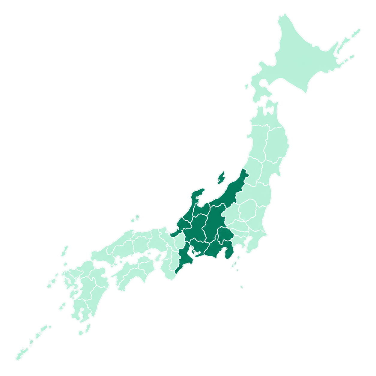中部地方を強調した日本地図