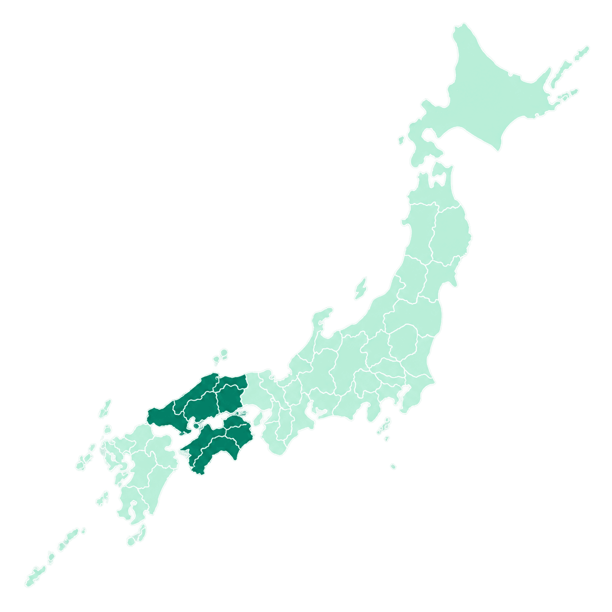 中国・四国地方を強調した日本地図